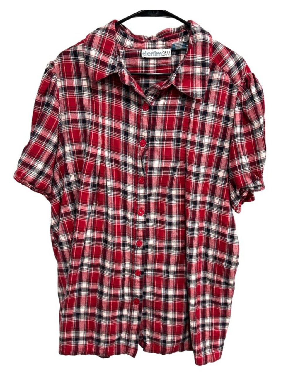 Denim 24/7 Red Plaid Button Up Blouse Short Sleeve Cotton Top Sz 24W
